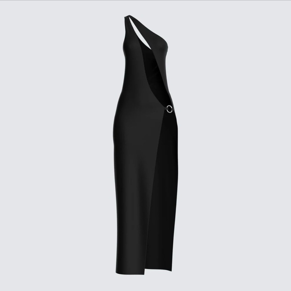 Finesse One-Shoulder Black maxi Dress with Side Ring Detail